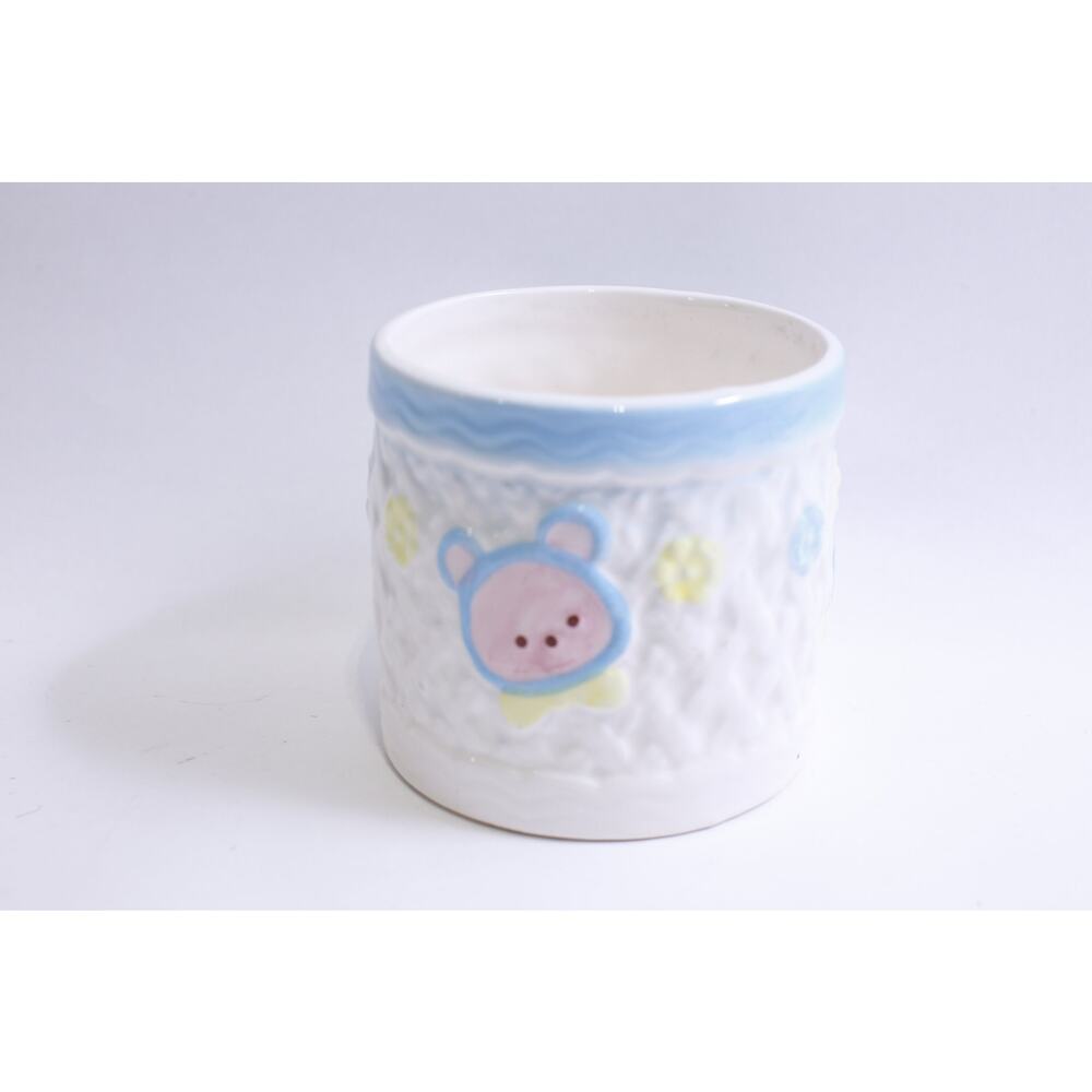 Adorable Animals, Planter, White Blue, 4" High, Round, Bunny, Elephant, Bear,